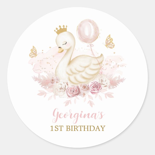 Elegante Swan Princess mit Ballon & Schmetterlinge Runder Aufkleber (Vorderseite)