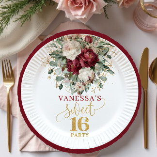 Elegante Sweet 16 Blush Burgunder Party-Teller Pappteller