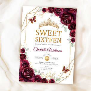 Elegante Sweet 16 Burgunderrosen Gold Einladung