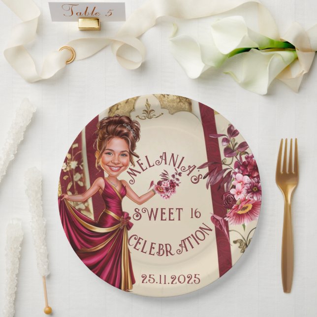 Elegante Sweet 16 Foto Karikatur mit Goldakzent Pappteller (Hochzeit)