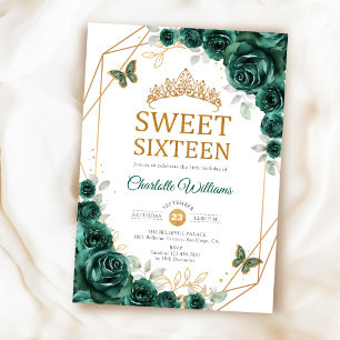 Elegante Sweet 16 Smaragdgrüne Rosen Gold Einladung