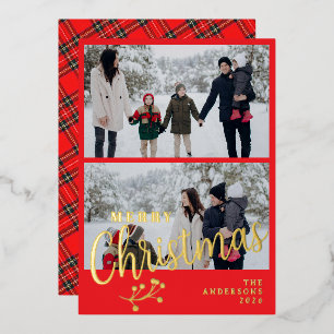 Elegante Tartan-Karo-Familie 2 Foto Weihnachten  Folien Feiertagskarte