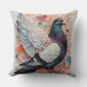 Elegante Taube mit farbenfrohen Federn und Herz Kissen