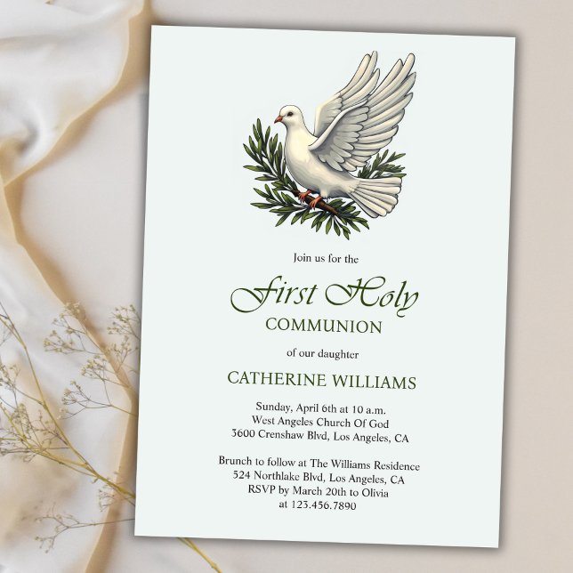 Elegante Taube und Olivenzweig Erste Heilige Kommu Einladung (Elegant Dove and Olive Branch First Holy Communion Invitation)