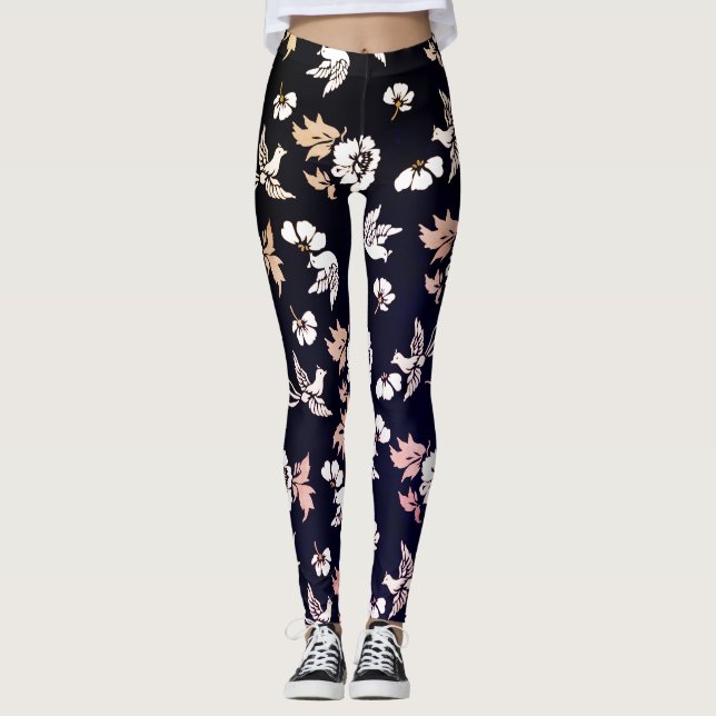 Elegante Tauben und Blume im dunklen Hintergrund Leggings (Vorderseite)