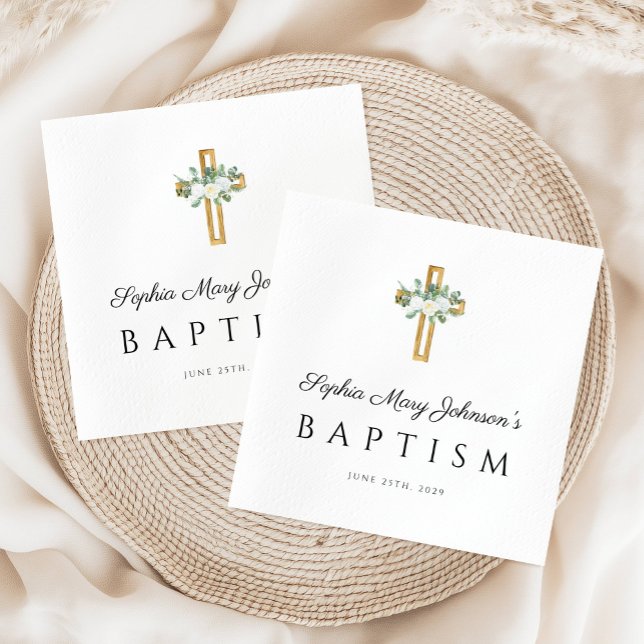 Elegante Taufe aus religiösem Kreuz Serviette (Elegant Religious Cross White Floral Baptism Napkins)