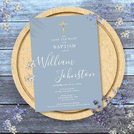 Elegante Taufe Christening Gold Cross Dusty Blue Save The Date