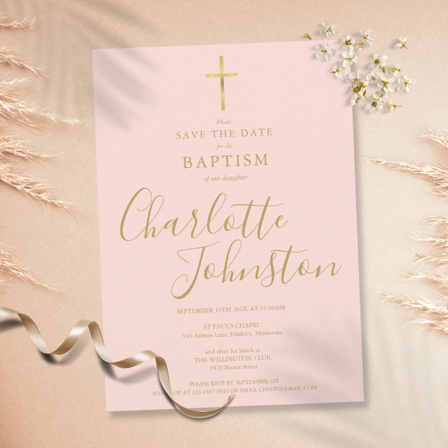 Elegante Taufe Christening Gold Script Blush Pink Save The Date (Von Creator hochgeladen)