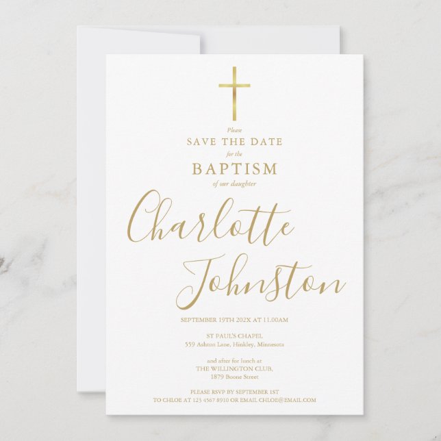 Elegante Taufe Christening Gold Signature Save The Date (Vorderseite)