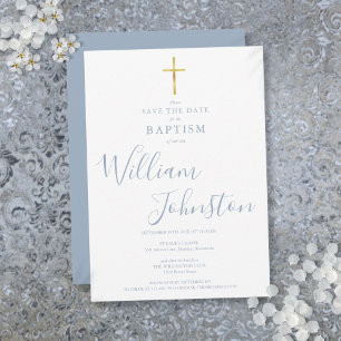 Elegante Taufe Christening Goldkreuz Staubblau Save The Date