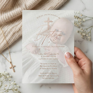 Elegante Taufe Christliche Kreuz Foto Folieneinladung