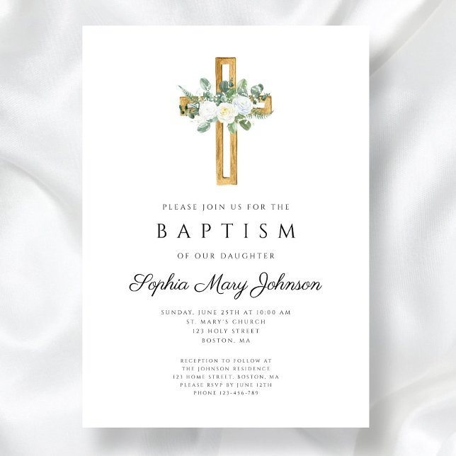Elegante Taufe der Weißen Blüte Einladung (Elegant Religious White Floral Girl Baptism Invitation)