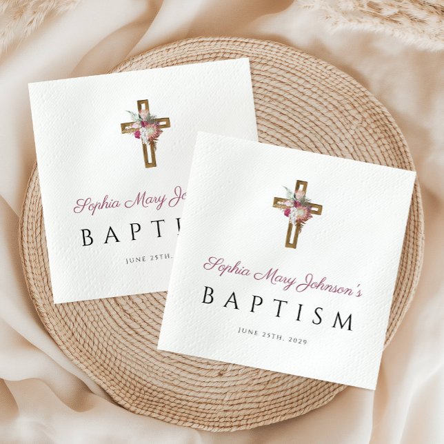 Elegante Taufe des religiösen Kreuzes Rote Flora Serviette (Elegant Religious Cross Red Floral Baptism Napkins)