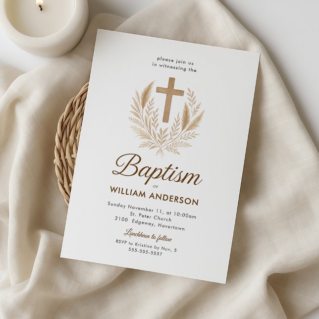 Elegante Taufe Einladung mit Gold Cross und Oli (Elegant baptism invitation with a gold cross and olive wreath, perfect for a baby boy.)