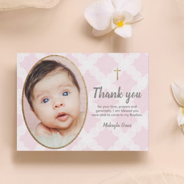 Elegante Taufe für Fotos in Rosa und Gold Postkarte (Baby photo Baptism thank you pink and white gold cross postcard.)