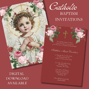 Elegante Taufe Pink Rote Florale Jesus Einladung