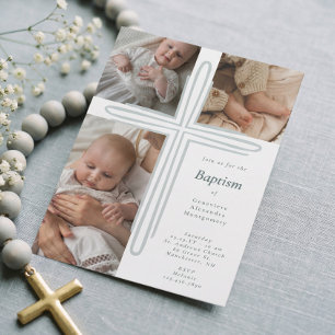 Elegante Taufe Tauf- Religiöses Foto Kreuz Einladung