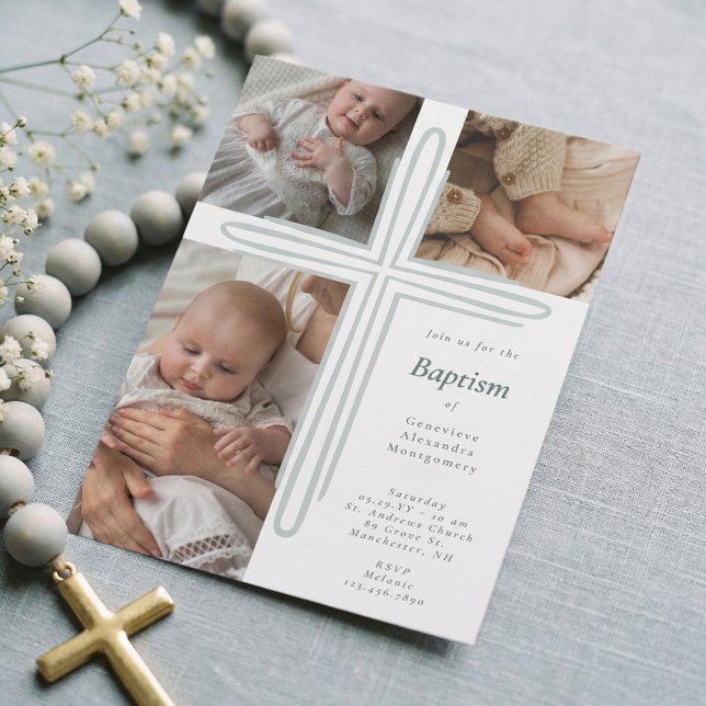 Elegante Taufe Tauf- Religiöses Foto Kreuz Einladung (Elegant Baptism Christening Religious Photo Cross Invitation)
