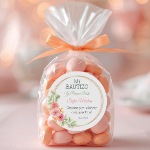 Elegante Taufe und erste Blume zum Geburtstag pink Runder Aufkleber