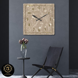 Elegante Taupe-Braun-Botanik-Wanduhr Quadratische Wanduhr