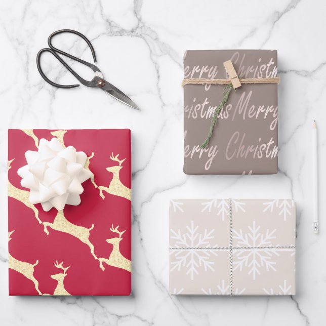 Elegante Taupe Cream Rote Rentiere Snowflake Geschenkpapier Set (Vorderseite)
