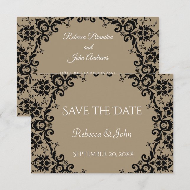 Elegante Taupe Damask Blumenhochzeit Save The Date (Vorne/Hinten)