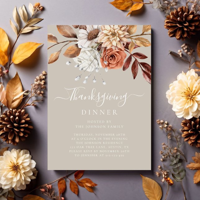 Elegante Taupe Fall Flora Erntedank Abendessen Einladung (Elegant Taupe Fall Floral Thanksgiving Dinner Invitation)