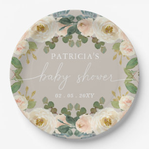 Elegante Taupe Peach Floral Baby Dusche Pappteller
