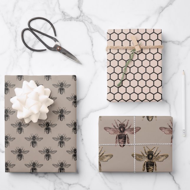 Elegante Taupe, Schwarz und Rosa Bienen Geschenkpapier Set (Vorderseite)