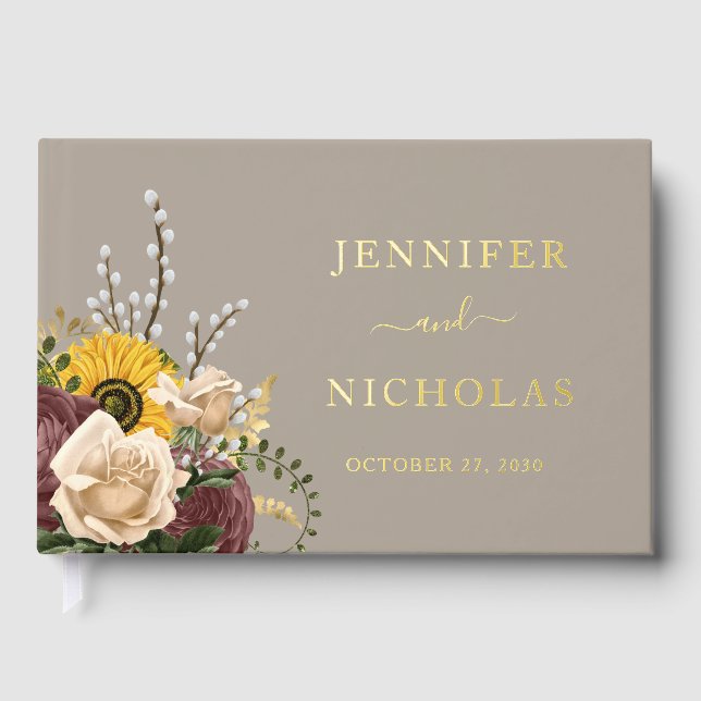 Elegante Taupe Sonnenblume Hochzeit Gold Gästebuch (Vorderseite)