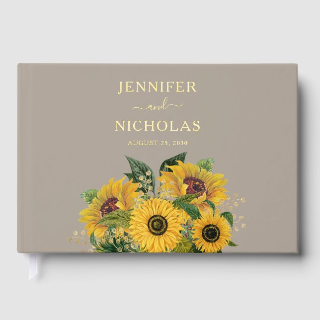 Elegante Taupe Sonnenblume Hochzeit Gold Gästebuch (Vorderseite)