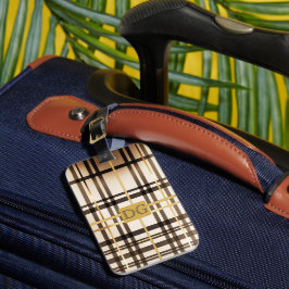 Elegante Taupe und Gold Kariert Mit Monogramm Gepäckanhänger