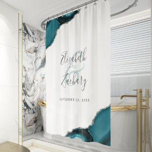 Elegante Teal-Achat-Silber-Hochzeitsnamen Duschvorhang