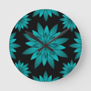 Elegante Teal-Blatt-Blume auf schwarzem Hintergrun Runde Wanduhr