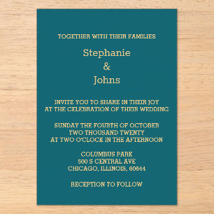 Elegante Teal Blau Grün Gold Schrift Hochzeit Acryleinladungen