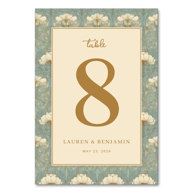 Elegante Teal-Blumen Acht Tischnummer (Vorderseite)