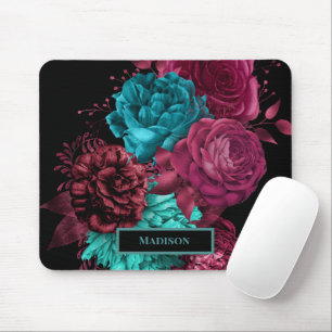 Elegante Teal-Burgunderrote Blumen Schwarzes Monog Mousepad