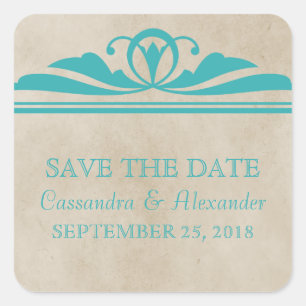 Elegante Teal Deco Save-the-Date-Aufkleber Quadratischer Aufkleber