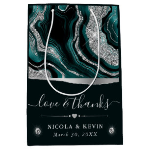 Elegante Teal-Folie und Silber-Glitter-Achat-Hochz Mittlere Geschenktüte
