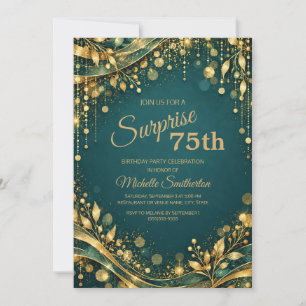 Elegante Teal-Gold-Sparkling-Überraschung zum 75. Einladung