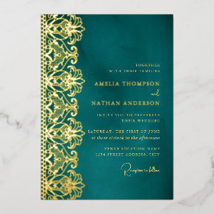 Elegante Teal-Gold-Spitzen-Hochzeit-Folie-Einladun Folieneinladung