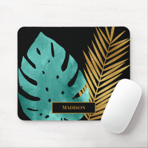 Elegante Teal-Gold-Tropische Blätter Schwarzes Mon Mousepad