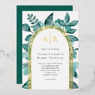 Elegante Teal-Grün-Watercolor-Hochzeit Gold Folieneinladung