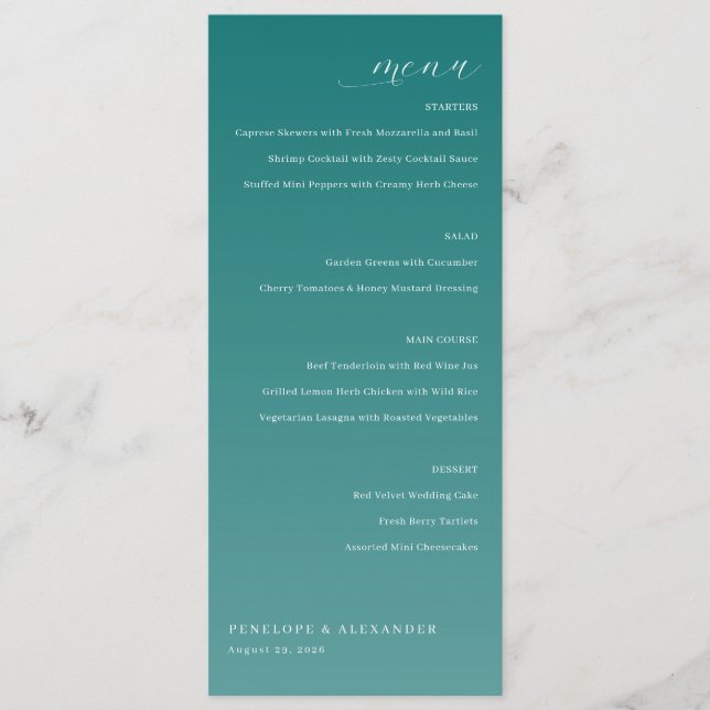 Elegante Teal-Hochzeitsmenü Menükarte (Vorderseite)