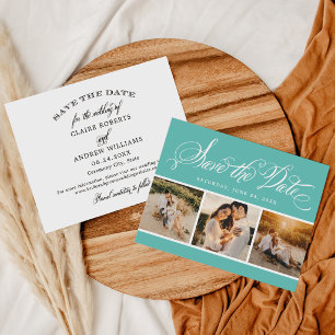 Elegante Teal-Kalligrafie Drei-Foto-Hochzeit Save The Date