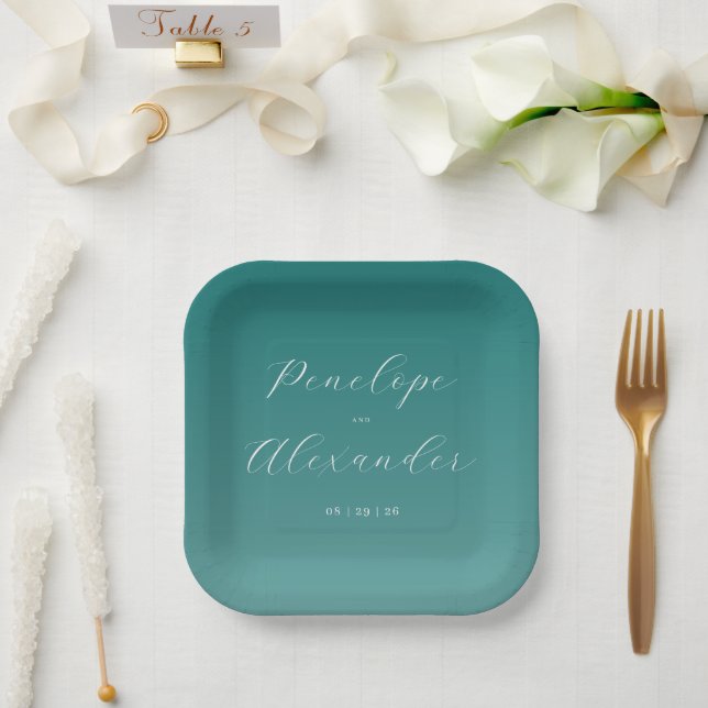 Elegante Teal-Kalligrafie Pappteller (Hochzeit)
