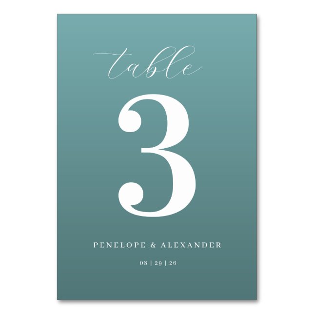Elegante Teal Nummer Drei Tischnummer (Vorderseite)