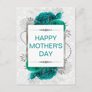 Elegante Teal-Rosen & Silber-Glitter Muttertag Postkarte