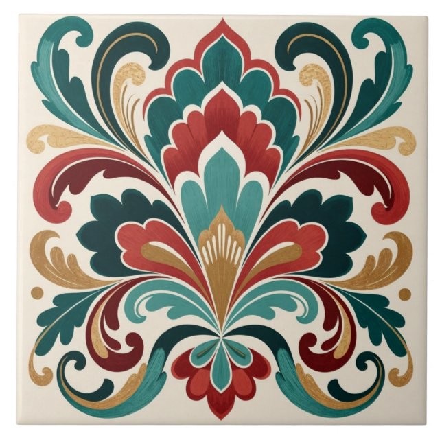 Elegante Teal-Rote Ornamentale Blüte Fliese (Vorderseite)