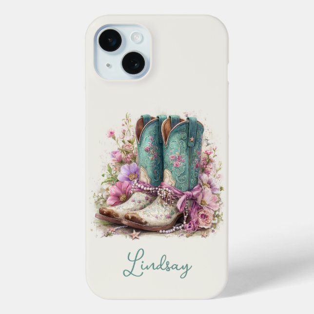 Elegante Teal-Stiefel mit Blumen monogrammiert Case-Mate iPhone Hülle (Rückseite)